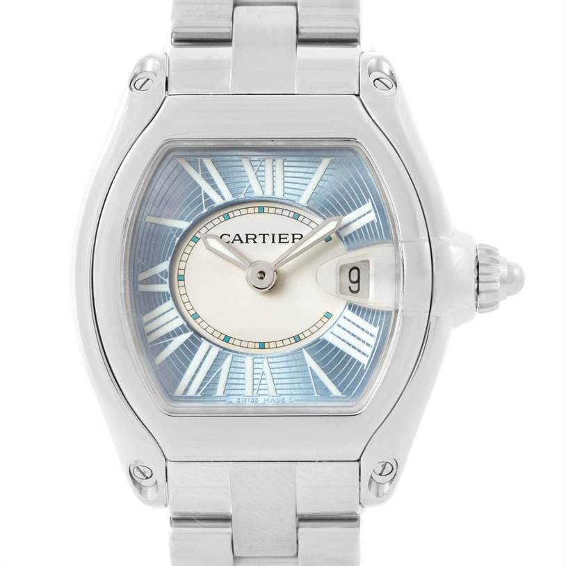 This image shows a front view of the Cartier Roadster W62053V3 Women's Stainless Steel Blue Dial W62053V3 Women's Stainless Steel Blue Dial watch, highlighting its face, bezel, and part of its bracelet.
