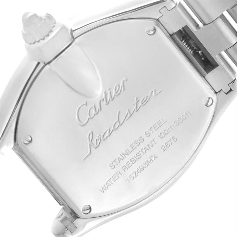 The image shows the back case of a Cartier Roadster W62053V3 Women's Stainless Steel Blue Dial W62053V3 Women's Stainless Steel Blue Dial watch, highlighting its stainless steel composition and water resistance details.