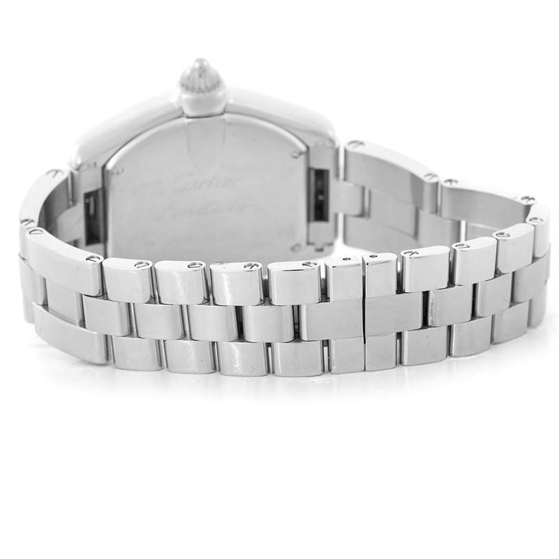 This image shows the back and band of a Cartier Roadster W62053V3 Women's Stainless Steel Blue Dial W62053V3 Women's Stainless Steel Blue Dial watch, highlighting its bracelet and clasp.