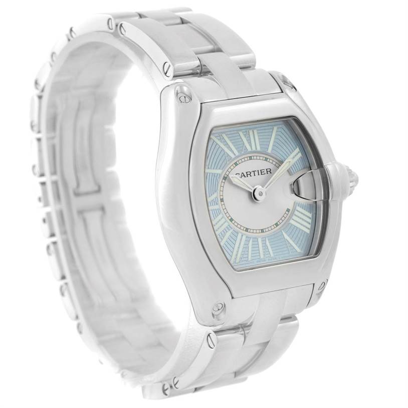 The Cartier Roadster W62053V3 Women's Stainless Steel Blue Dial W62053V3 Women's Stainless Steel Blue Dial watch is shown from an angled front view, displaying the face, bezel, and part of the bracelet.