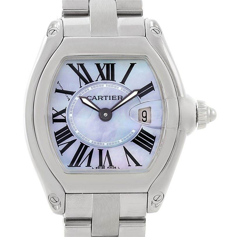 The image shows a front view of the Cartier Roadster W6206007 Women's Stainless Steel Mother of Pearl Dial W6206007 Women's Stainless Steel Mother of Pearl Dial watch, highlighting its face, bezel, and bracelet.