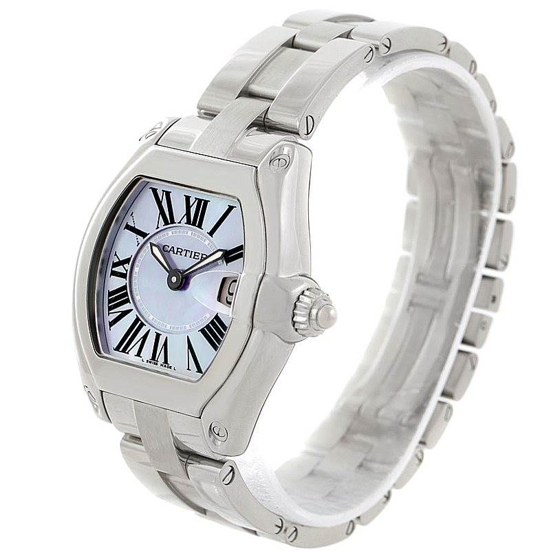 The image shows a Cartier Roadster W6206007 Women's Stainless Steel Mother of Pearl Dial W6206007 Women's Stainless Steel Mother of Pearl Dial watch at a three-quarter angle, highlighting the face, bezel, crown, and part of the bracelet.