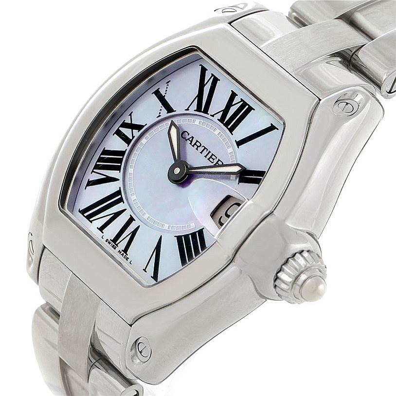The image shows a close-up, angled view of the watch face and upper part of the bracelet of the Cartier Roadster W6206007 Women's Stainless Steel Mother of Pearl Dial W6206007 Women's Stainless Steel Mother of Pearl Dial model.