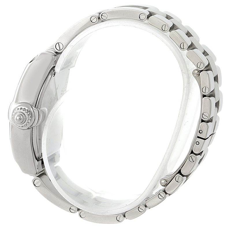 The image shows the side view of a Cartier Roadster W6206007 Women's Stainless Steel Mother of Pearl Dial W6206007 Women's Stainless Steel Mother of Pearl Dial watch, highlighting the crown and part of the metal bracelet.