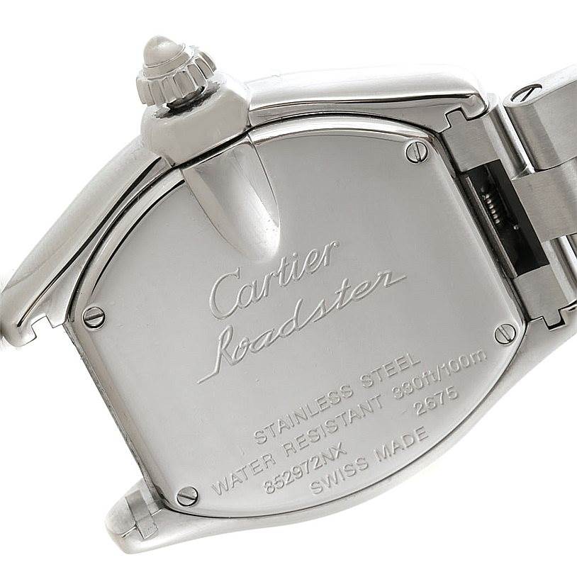 The image shows the back case and part of the metal bracelet of a Cartier Roadster W6206007 Women's Stainless Steel Mother of Pearl Dial W6206007 Women's Stainless Steel Mother of Pearl Dial watch from a rear angle.