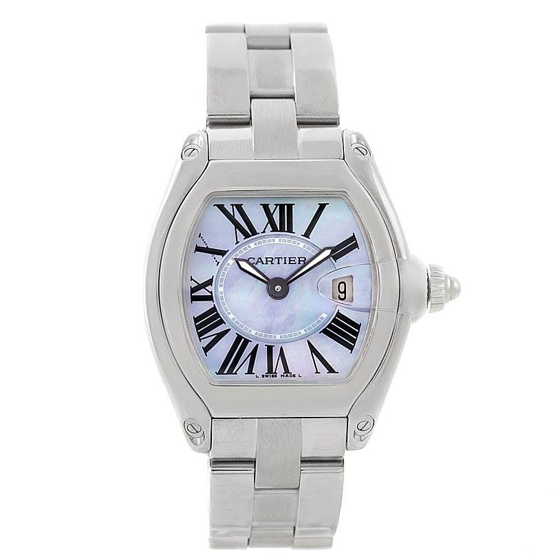 This image shows a front view of the Cartier Roadster W6206007 Women's Stainless Steel Mother of Pearl Dial W6206007 Women's Stainless Steel Mother of Pearl Dial watch, displaying its face, case, and metal bracelet.