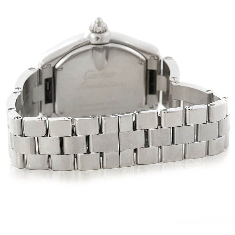 This image shows the back case and stainless steel bracelet of the Cartier Roadster W6206007 Women's Stainless Steel Mother of Pearl Dial W6206007 Women's Stainless Steel Mother of Pearl Dial watch.