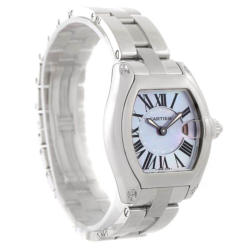 The Cartier Roadster W6206007 Women's Stainless Steel Mother of Pearl Dial W6206007 Women's Stainless Steel Mother of Pearl Dial watch is shown from a three-quarter angle, displaying the face, case, and metal bracelet.