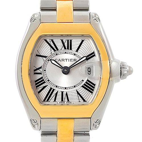 The Cartier Roadster W62026Y4 Women's Steel and Gold (two tone) Silver Dial W62026Y4 Women's Steel and Gold (two tone) Silver Dial watch shown is presented from a straight-on angle, featuring the dial, bezel, crown, and part of the bracelet.