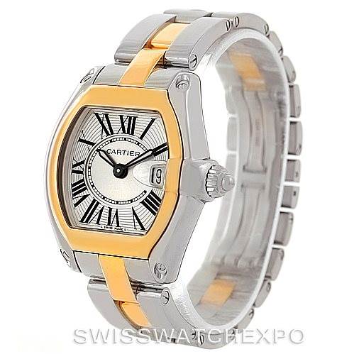 The image shows a Cartier Roadster W62026Y4 Women's Steel and Gold (two tone) Silver Dial W62026Y4 Women's Steel and Gold (two tone) Silver Dial watch at a front diagonal angle, highlighting its face, case, and part of the bracelet.