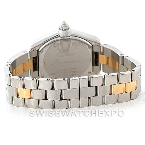 The image shows the back view of a Cartier Roadster W62026Y4 Women's Steel and Gold (two tone) Silver Dial W62026Y4 Women's Steel and Gold (two tone) Silver Dial watch, highlighting its stainless steel and gold bracelet.