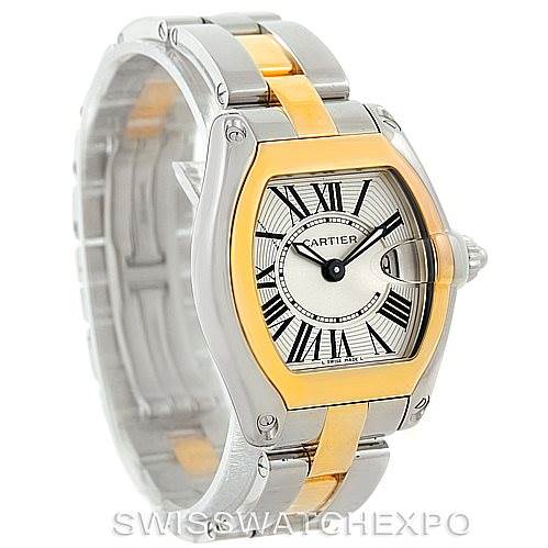 This image shows a Cartier Roadster W62026Y4 Women's Steel and Gold (two tone) Silver Dial W62026Y4 Women's Steel and Gold (two tone) Silver Dial watch from a front-left angle, revealing the face, bezel, and part of the band.