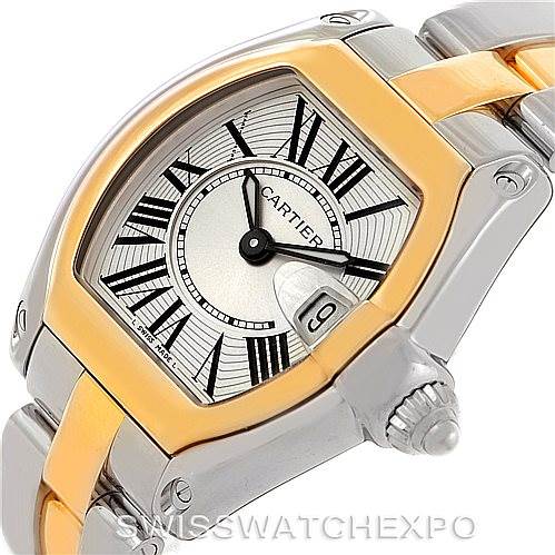 The Cartier Roadster W62026Y4 Women's Steel and Gold (two tone) Silver Dial W62026Y4 Women's Steel and Gold (two tone) Silver Dial watch is shown at an angled side view, highlighting the dial, crown, and part of the band.