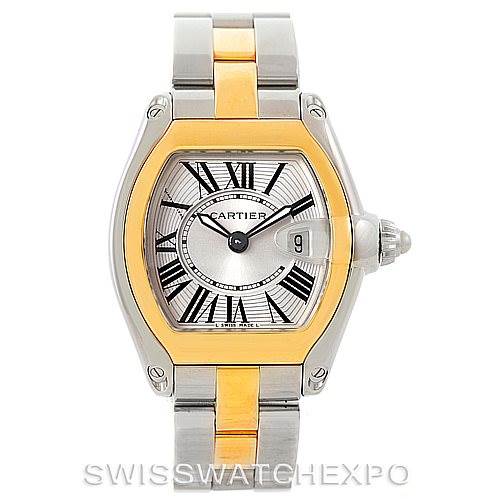 The image shows a front view of the Cartier Roadster W62026Y4 Women's Steel and Gold (two tone) Silver Dial W62026Y4 Women's Steel and Gold (two tone) Silver Dial watch, highlighting its dial and two-tone band.