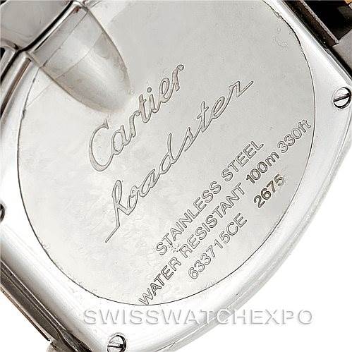 This is the back view of a Cartier Roadster W62026Y4 Women's Steel and Gold (two tone) Silver Dial W62026Y4 Women's Steel and Gold (two tone) Silver Dial watch showing the stainless steel case, water resistance, and model details.
