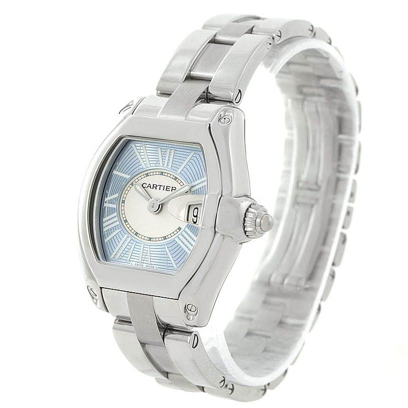 The image shows a Cartier Roadster W62053V3 Women's Stainless Steel Blue Dial W62053V3 Women's Stainless Steel Blue Dial watch from a right-side angle, displaying the dial, bracelet, and crown.