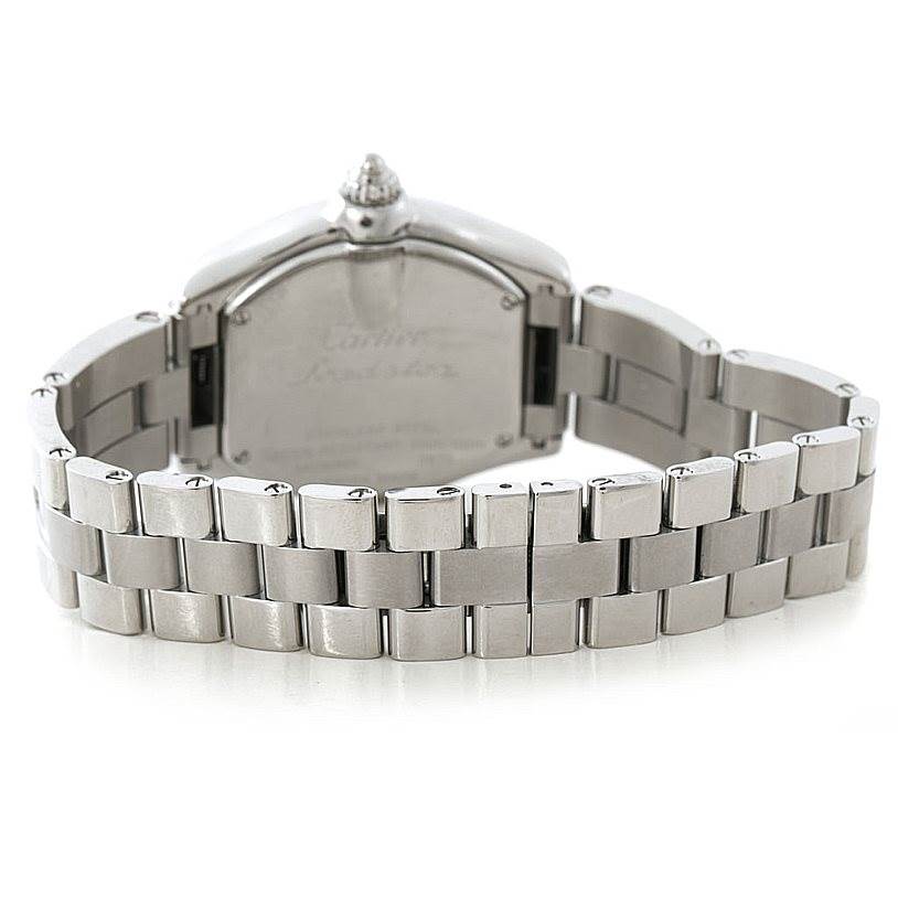 The image shows the back side of the Cartier Roadster W62053V3 Women's Stainless Steel Blue Dial W62053V3 Women's Stainless Steel Blue Dial watch, displaying its stainless steel bracelet and case back.
