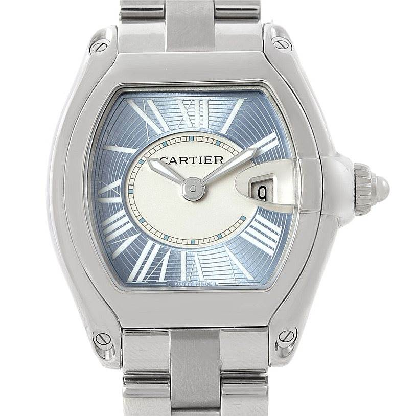 This image shows a Cartier Roadster W62053V3 Women's Stainless Steel Blue Dial W62053V3 Women's Stainless Steel Blue Dial watch from a front angle, displaying the face, bezel, and a portion of the bracelet.