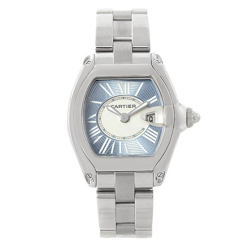 This image shows a front view of a Cartier Roadster W62053V3 Women's Stainless Steel Blue Dial W62053V3 Women's Stainless Steel Blue Dial watch, displaying its face, case, and part of the bracelet.
