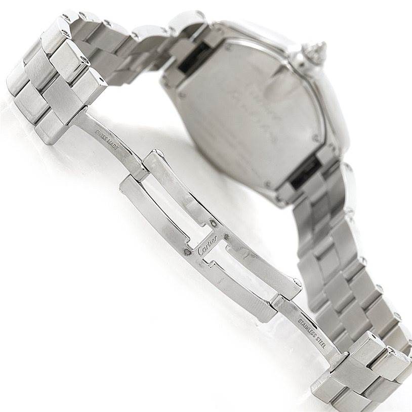 The image shows the backside and bracelet of a Cartier Roadster W62053V3 Women's Stainless Steel Blue Dial W62053V3 Women's Stainless Steel Blue Dial watch, highlighting the clasp mechanism.