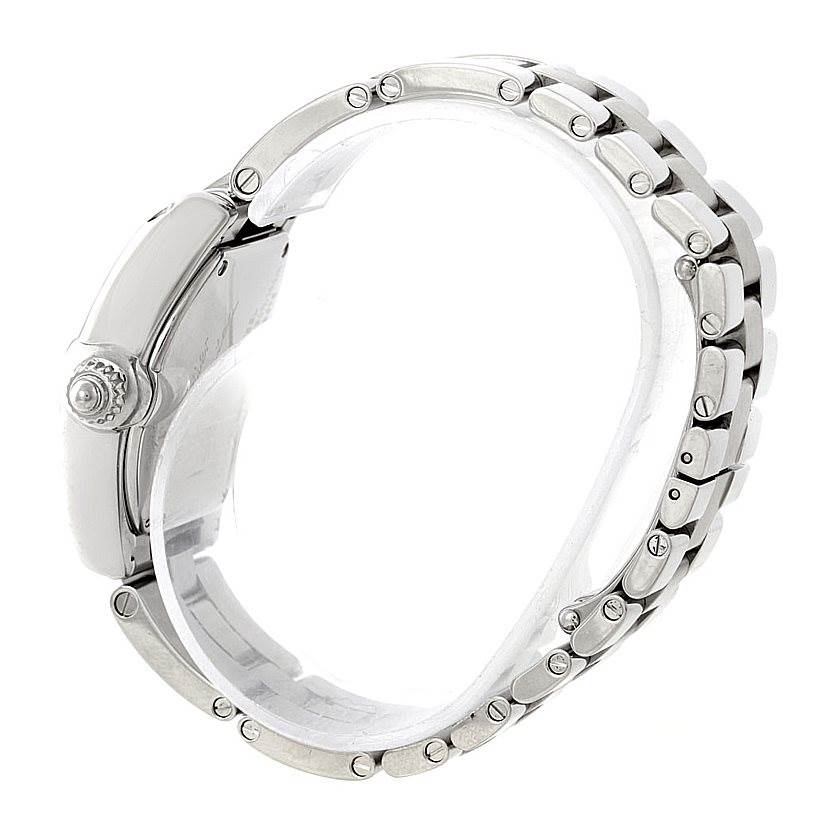 This image shows the side profile of a Cartier Roadster W62053V3 Women's Stainless Steel Blue Dial W62053V3 Women's Stainless Steel Blue Dial watch, highlighting the watch case, crown, and metal bracelet.