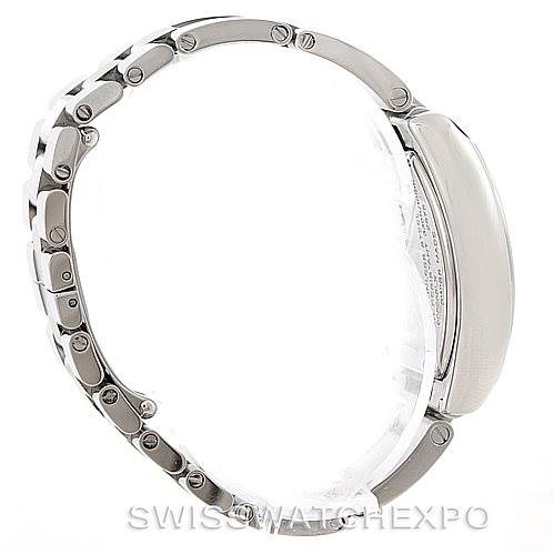 This side-angle view of the Cartier Roadster W62016V3 Women's Stainless Steel Silver Dial W62016V3 Women's Stainless Steel Silver Dial watch shows the bracelet, case, and part of the bezel.