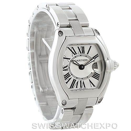 The image displays a Cartier Roadster W62016V3 Women's Stainless Steel Silver Dial W62016V3 Women's Stainless Steel Silver Dial watch at a front-left angle, highlighting its dial, case, and bracelet.