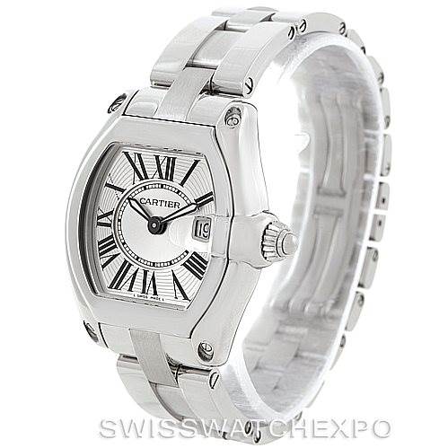 This image shows a Cartier Roadster W62016V3 Women's Stainless Steel Silver Dial W62016V3 Women's Stainless Steel Silver Dial watch angled to display its face, bezel, crown, and bracelet.