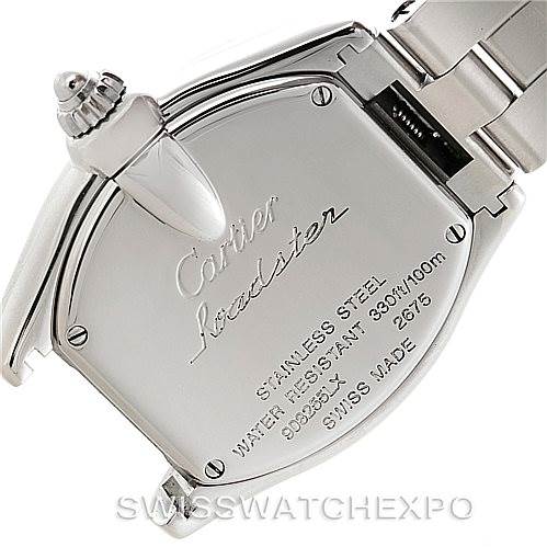 The image shows the back case and bracelet of a Cartier Roadster W62016V3 Women's Stainless Steel Silver Dial W62016V3 Women's Stainless Steel Silver Dial watch, displaying the engraved details and clasp.