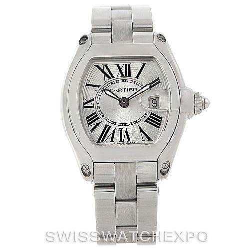 This image shows the front view of a Cartier Roadster W62016V3 Women's Stainless Steel Silver Dial W62016V3 Women's Stainless Steel Silver Dial watch, including its dial, Roman numerals, date window, and stainless steel bracelet.