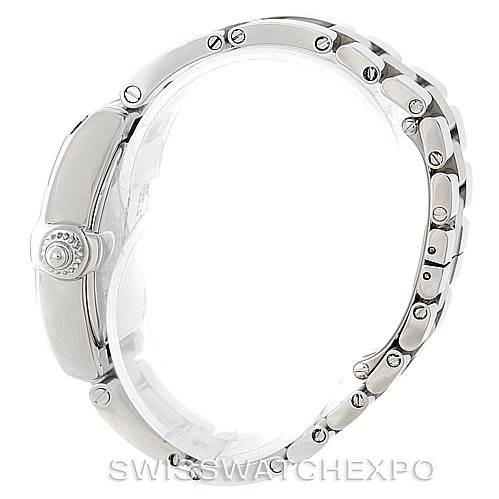 The image shows a side profile of the Cartier Roadster W62016V3 Women's Stainless Steel Silver Dial W62016V3 Women's Stainless Steel Silver Dial watch, highlighting the bezel, crown, and bracelet links.