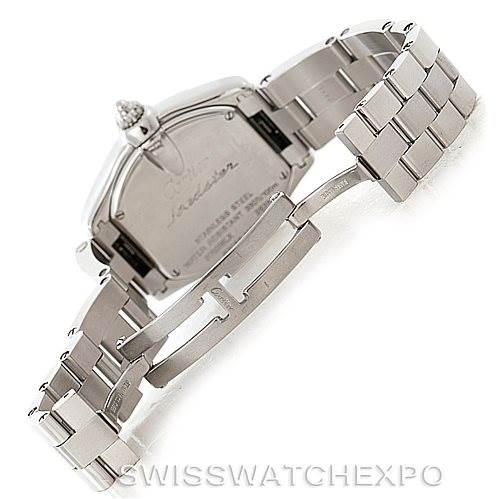 The image shows the back case and bracelet of a Cartier Roadster W62016V3 Women's Stainless Steel Silver Dial W62016V3 Women's Stainless Steel Silver Dial watch at an angled rear view.