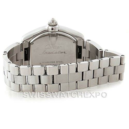 The image shows the back view of a Cartier Roadster W62016V3 Women's Stainless Steel Silver Dial W62016V3 Women's Stainless Steel Silver Dial watch, focusing on the case back and stainless steel bracelet.