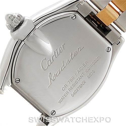 The image shows the back case of a Cartier Roadster W62026Y4 Women's Steel and Gold (two tone) Silver Dial W62026Y4 Women's Steel and Gold (two tone) Silver Dial watch, highlighting the brand and model engraving, along with water resistance information.