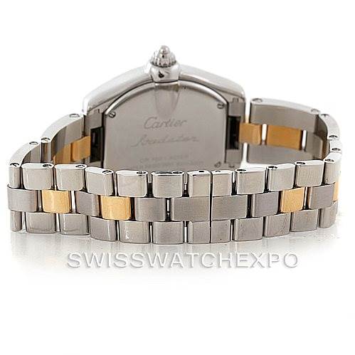 The image shows the back and bracelet of a Cartier Roadster W62026Y4 Women's Steel and Gold (two tone) Silver Dial W62026Y4 Women's Steel and Gold (two tone) Silver Dial watch, highlighting its dual-tone metal links.