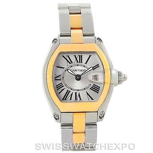 Front view of the Cartier Roadster W62026Y4 Women's Steel and Gold (two tone) Silver Dial W62026Y4 Women's Steel and Gold (two tone) Silver Dial watch, showcasing the dial, bezel, and metal bracelet.