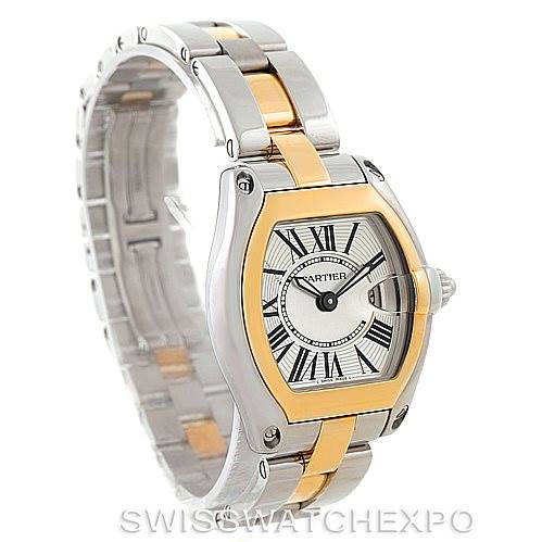 The Cartier Roadster W62026Y4 Women's Steel and Gold (two tone) Silver Dial W62026Y4 Women's Steel and Gold (two tone) Silver Dial watch is shown at a three-quarter angle, highlighting its mixed metal bracelet and distinctive case design.