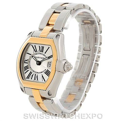 The image shows a Cartier Roadster W62026Y4 Women's Steel and Gold (two tone) Silver Dial W62026Y4 Women's Steel and Gold (two tone) Silver Dial watch from an angled perspective, highlighting its dial, case, crown, and partially visible bracelet.