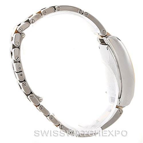 This image shows a side profile of the Cartier Roadster W62026Y4 Women's Steel and Gold (two tone) Silver Dial W62026Y4 Women's Steel and Gold (two tone) Silver Dial watch, highlighting the bracelet and case.