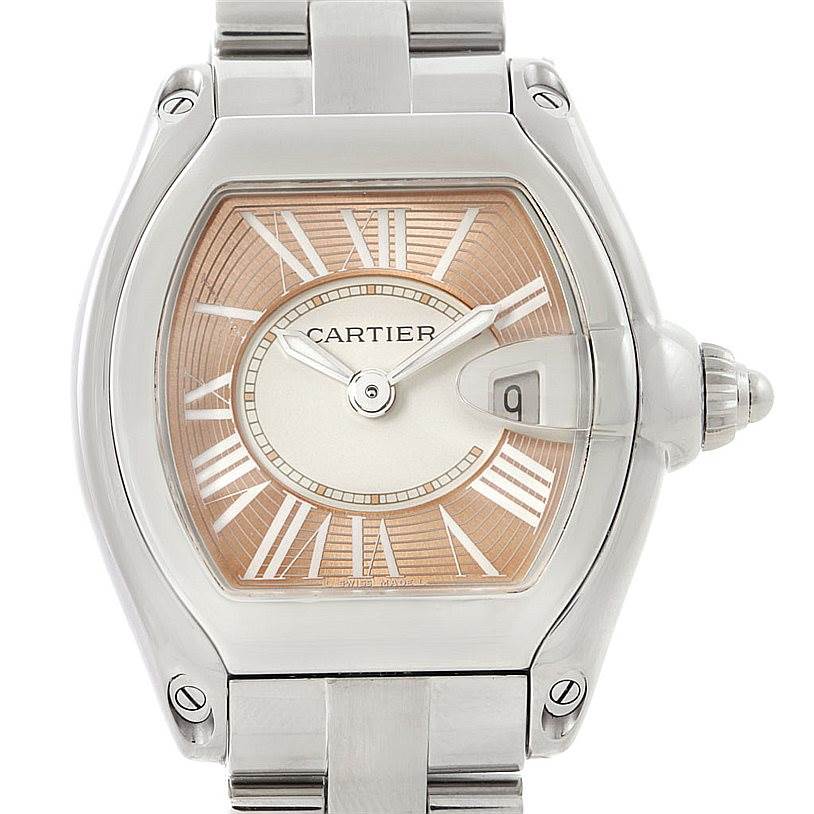 This image shows a head-on view of the Cartier Roadster W62054V3 Women's Stainless Steel Pink Dial W62054V3 Women's Stainless Steel Pink Dial watch, displaying its dial, hands, bezel, and part of the bracelet.