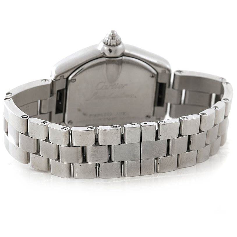 The image shows the back and bracelet of the Cartier Roadster W62054V3 Women's Stainless Steel Pink Dial W62054V3 Women's Stainless Steel Pink Dial watch from a rear angle.