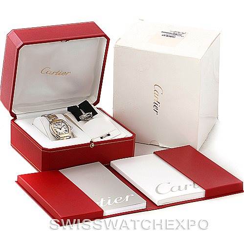 The image shows a Cartier Roadster W62026Y4 Women's Steel and Gold (two tone) Silver Dial W62026Y4 Women's Steel and Gold (two tone) Silver Dial watch set including the watch, its box, manuals, and additional accessories from several angles.
