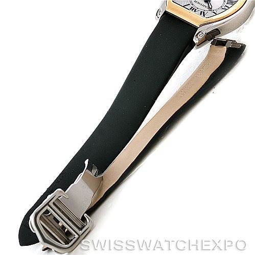 The image shows a Cartier Roadster W62026Y4 Women's Steel and Gold (two tone) Silver Dial W62026Y4 Women's Steel and Gold (two tone) Silver Dial watch, focusing on the partially open strap and clasp.