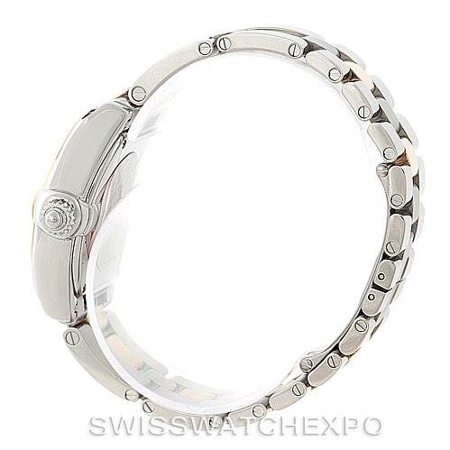 The image shows a side view of the Cartier Roadster W62026Y4 Women's Steel and Gold (two tone) Silver Dial W62026Y4 Women's Steel and Gold (two tone) Silver Dial watch, focusing on the bezel, crown, and stainless steel bracelet.