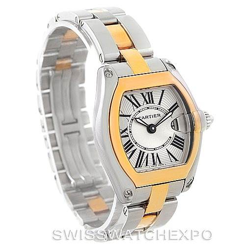 The Cartier Roadster W62026Y4 Women's Steel and Gold (two tone) Silver Dial W62026Y4 Women's Steel and Gold (two tone) Silver Dial watch is shown at a three-quarter angle, highlighting its face, bracelet, and crown.