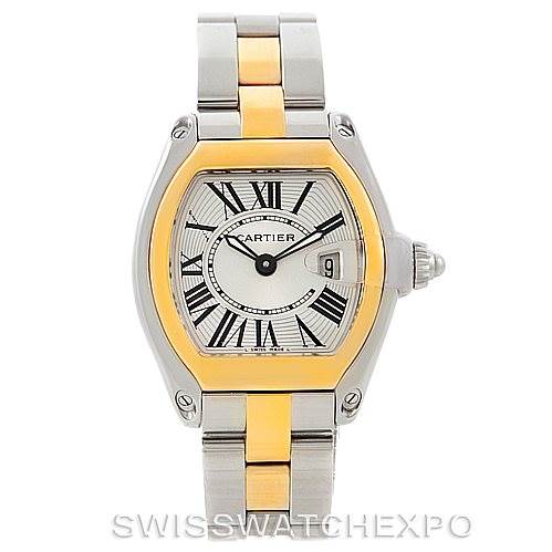 The image shows a front view of a Cartier Roadster W62026Y4 Women's Steel and Gold (two tone) Silver Dial W62026Y4 Women's Steel and Gold (two tone) Silver Dial watch, highlighting its face, bezel, and bracelet.