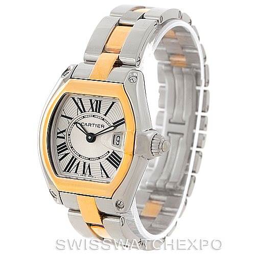 The image shows a Roadster model by Cartier from a front-left angle, highlighting the dial, bezel, and two-tone metal bracelet.