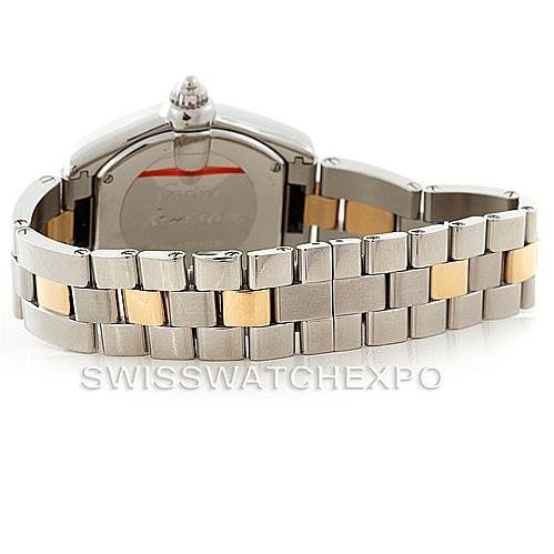 The image shows the back and bracelet of a Cartier Roadster W62026Y4 Women's Steel and Gold (two tone) Silver Dial W62026Y4 Women's Steel and Gold (two tone) Silver Dial watch from a rear angle.