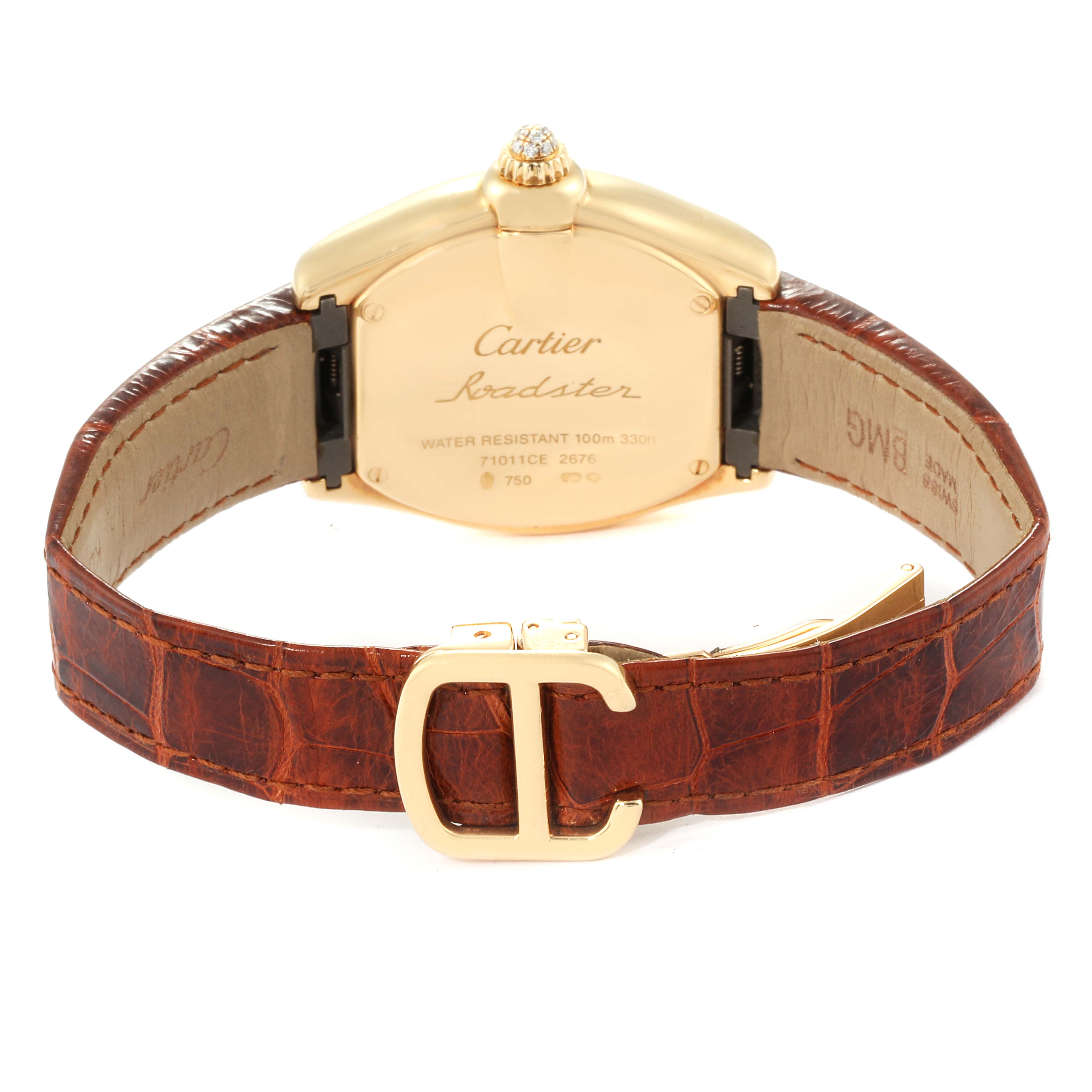 The image shows the back view of the Cartier Roadster WE500160 Women's Yellow Gold Silver Dial WE500160 Women's Yellow Gold Silver Dial watch, highlighting its case back, crown, and leather strap with a distinctive "C" buckle.