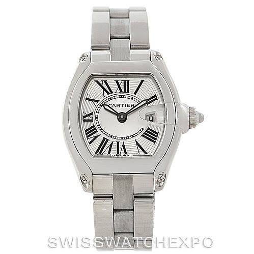 The Cartier Roadster W62016V3 Women
s Stainless Steel Silver Dial W62016V3 Women
s Stainless Steel Silver Dial model watch is shown from a front angle displaying its face, case, bezel, and bracelet.